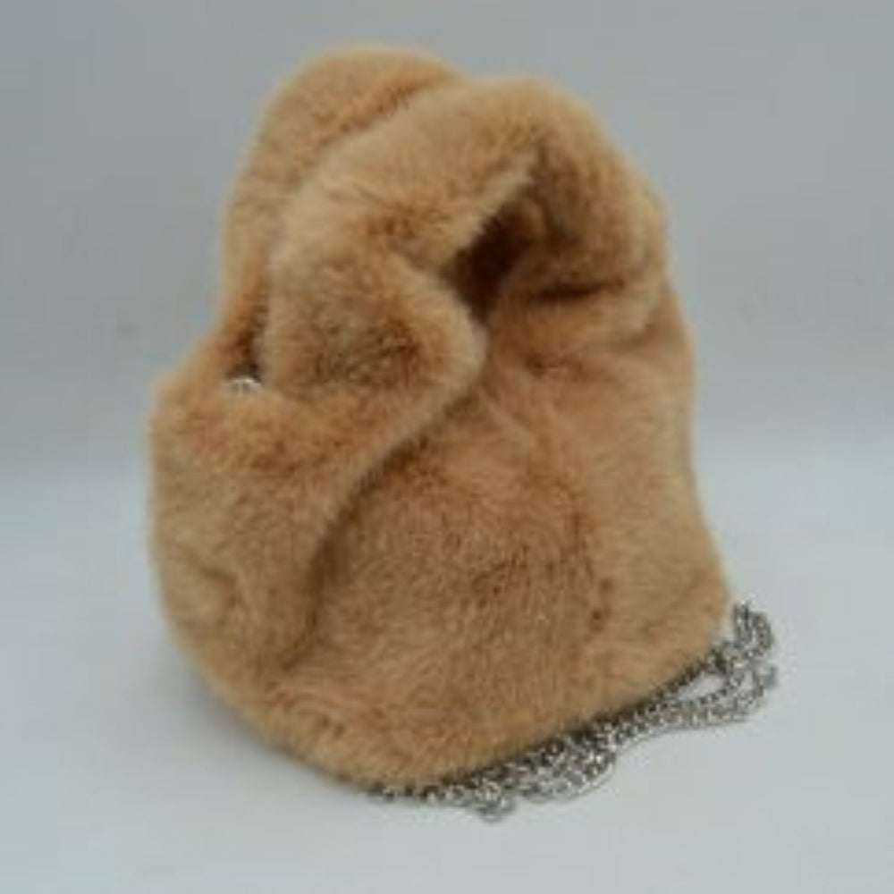 Fluffy Plush Handbag with Integrated Top Handle and Metallic Chain Strap