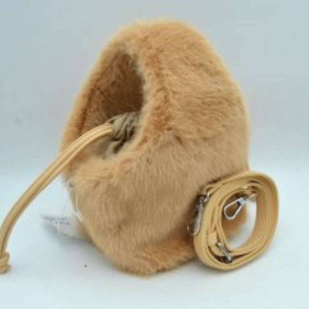 Plush Faux Fur Bucket Handbag with Drawstring and Removable Strap