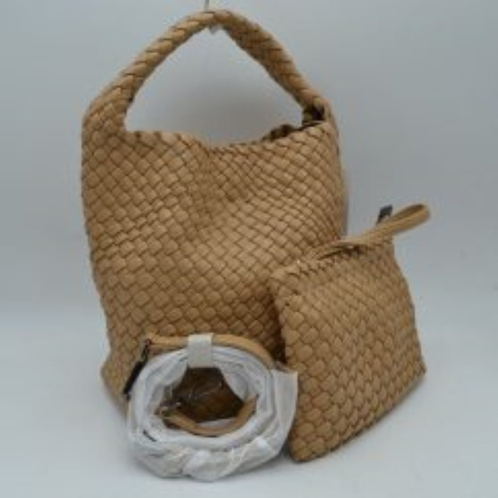 Woven Hobo Bag with Integrated Top Handle and Matching Pouch