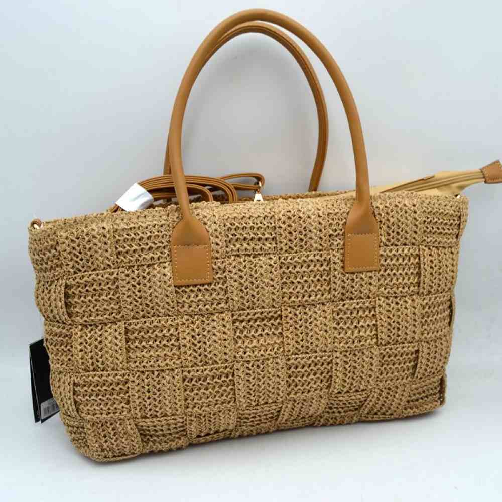 Chic Woven Straw Tote Bag with Faux Leather Handles