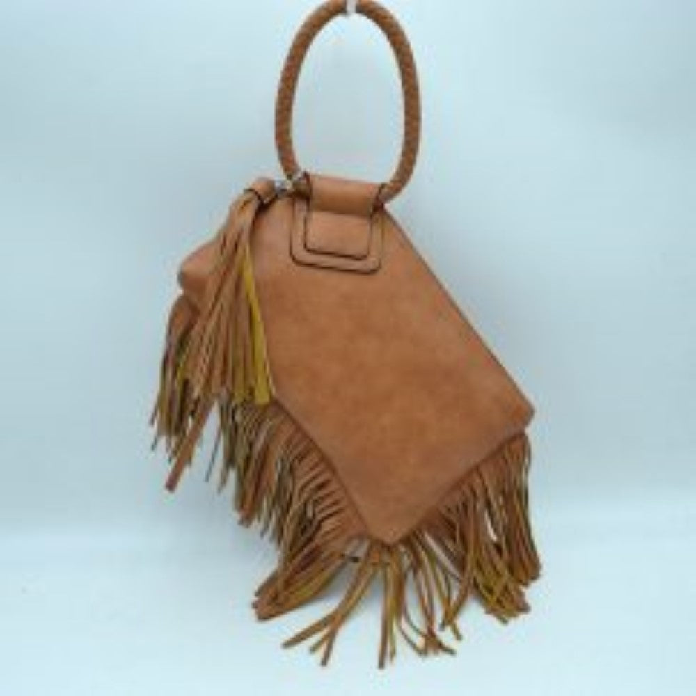 Fringe Accent Clutch Bag with Braided Circular Top Handle
