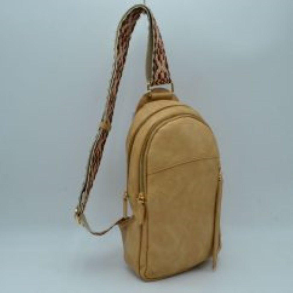 Multi-Zip Sling Backpack with Patterned Shoulder Strap