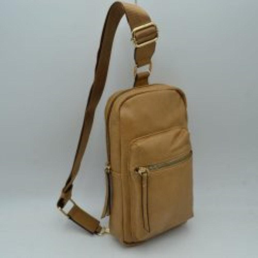 Grained Sling Bag with Metallic Zippers