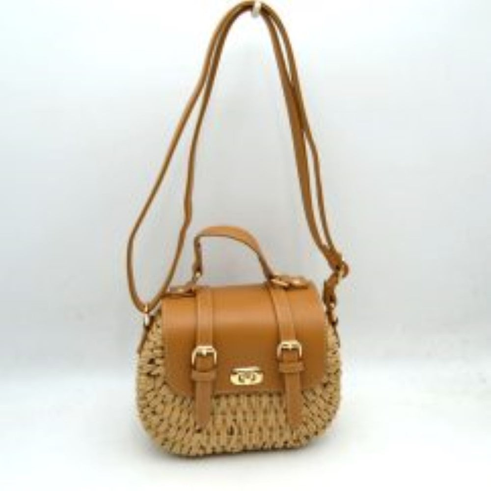 Woven Straw Satchel Bag with Faux Leather Flap and Double Buckle Accent
