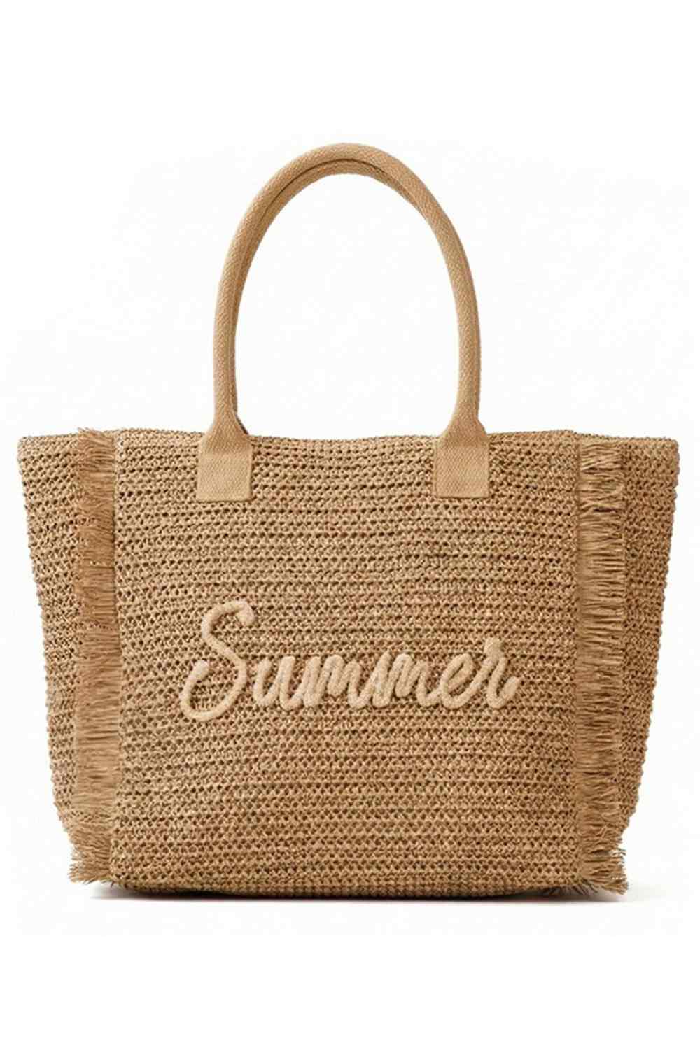 SUMMER Letter and Gold Lurex Woven Straw Fringe Tote Bag