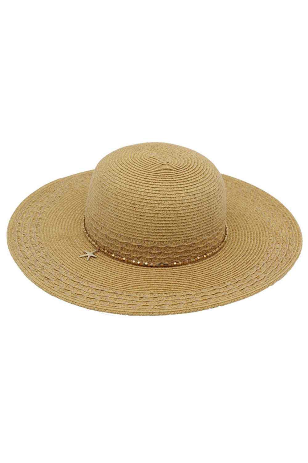 Starfish Charm and Beaded Band Wide Brim Straw Hat