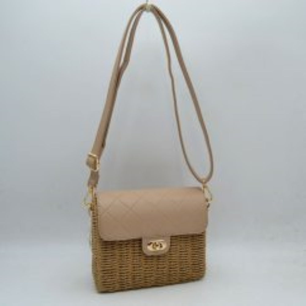Quilted Flap Woven Straw Crossbody Bag with Adjustable Shoulder Strap