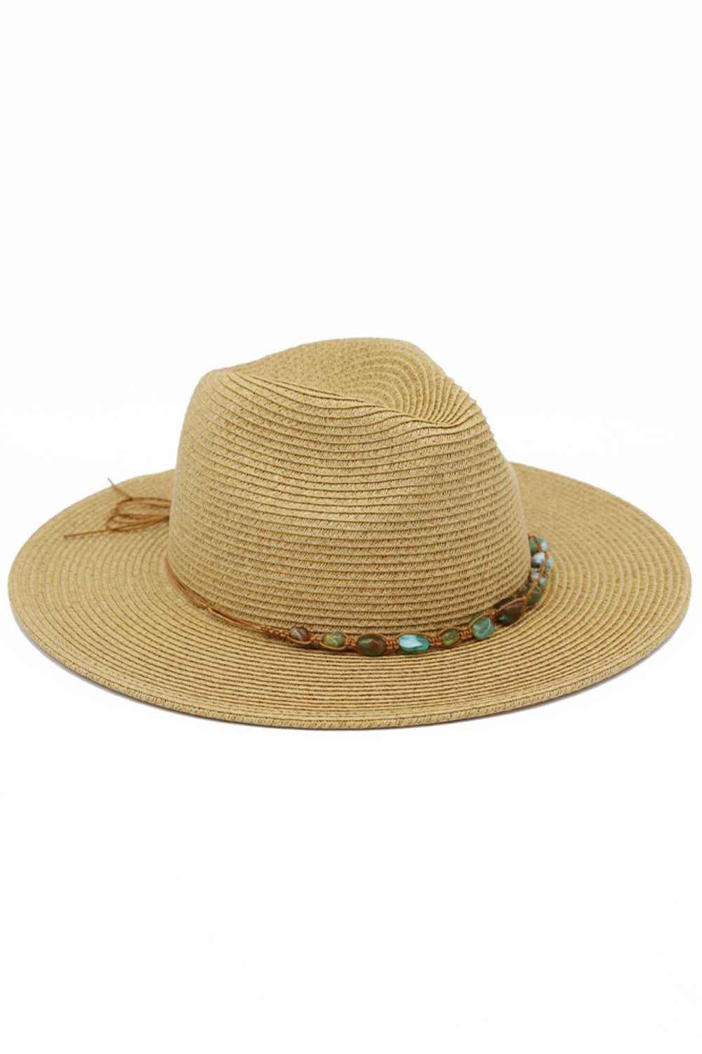 Turquoise Stone Band Summer Straw Fedora Sun Hat