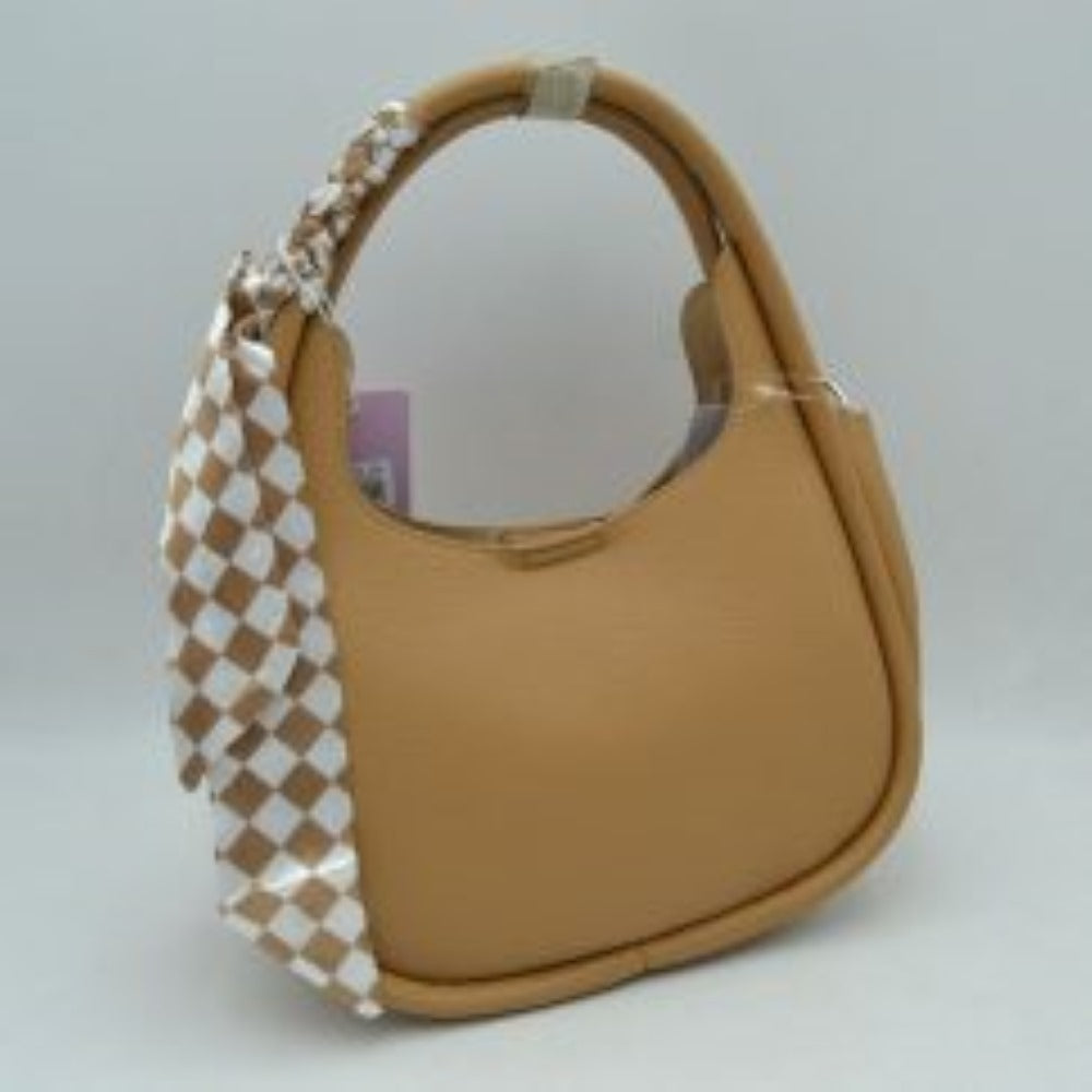 Pebble Textured Slouchy Hobo Shoulder Bag with Checkerboard Scarf Accent