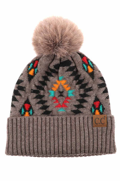 C.C Soft Aztec Pattern Beanie with Faux Fur Pom