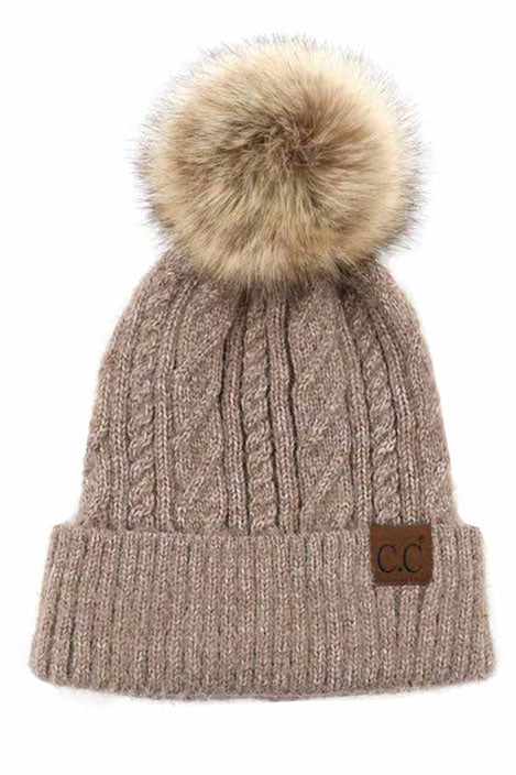 Soft Cuff Cable Knit Fur Pom C.C Beanie