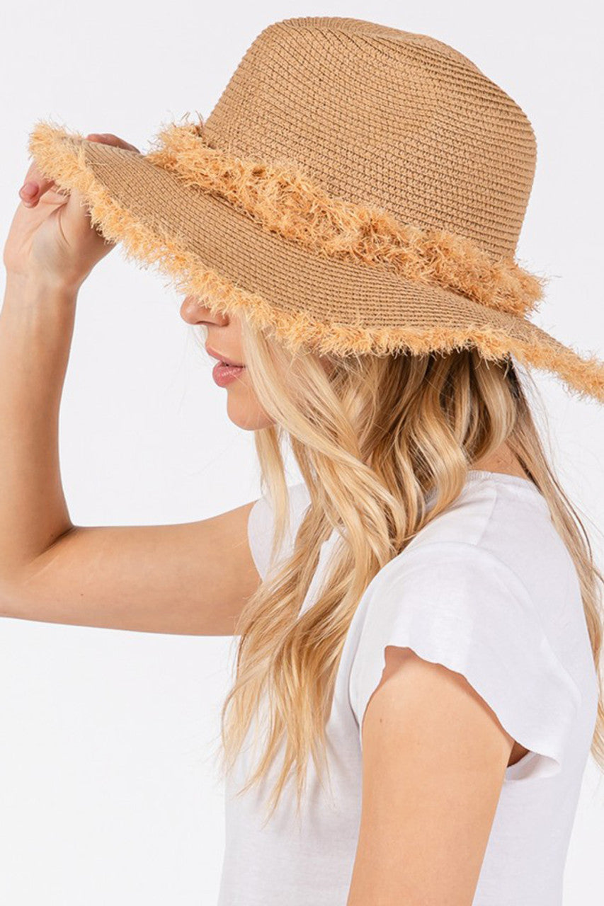 Frayed Band and Edge Trim Straw Sun Hat