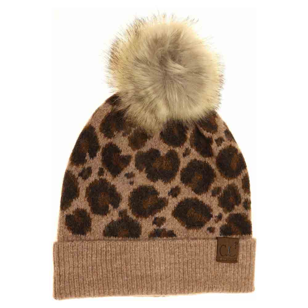 Leopard Pattern Faux Fur Pom C.C Beanie