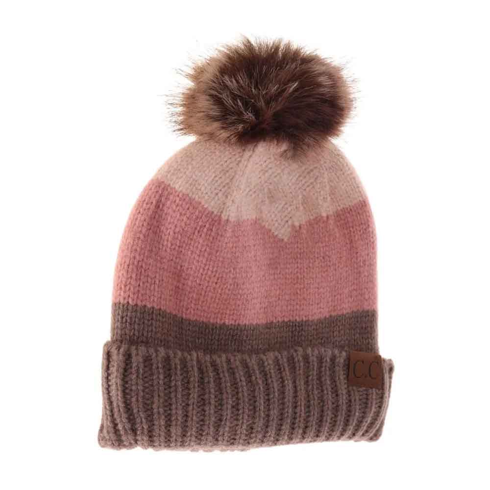 C.C Multi Color Block Stripes Pom Beanie