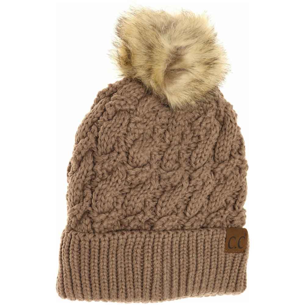 Ribbed Cable Knit Fur Pom C.C Beanie
