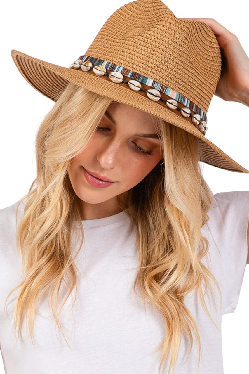 Women's Shell and Multi Color Band Trim Summer Sun Hat