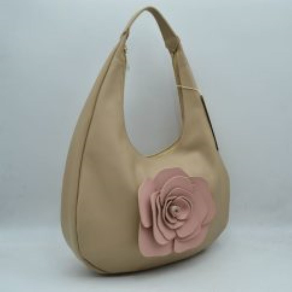 Slouchy Hobo Shoulder Bag with Dimensional Rose Applique
