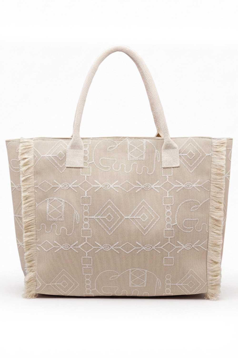 Boho Geometric Elephant Print Fringe Tote Bag