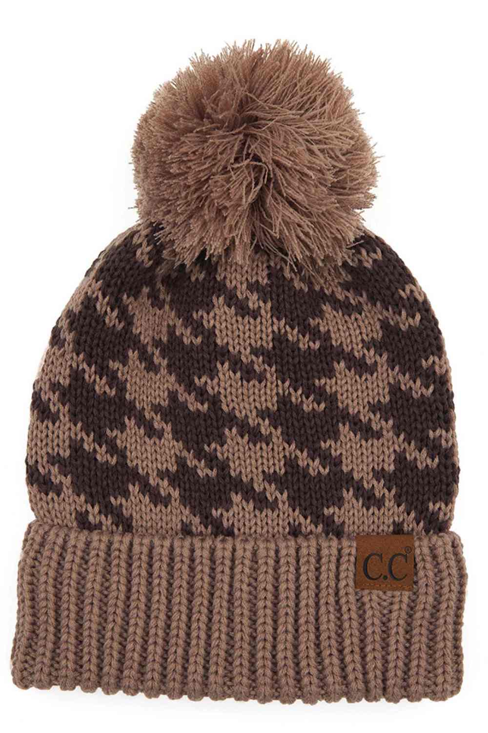 C.C Houndstooth Knit Beanie With Pom