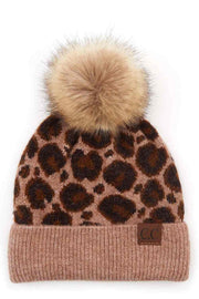C.C Leopard Knit Beanie With Pom