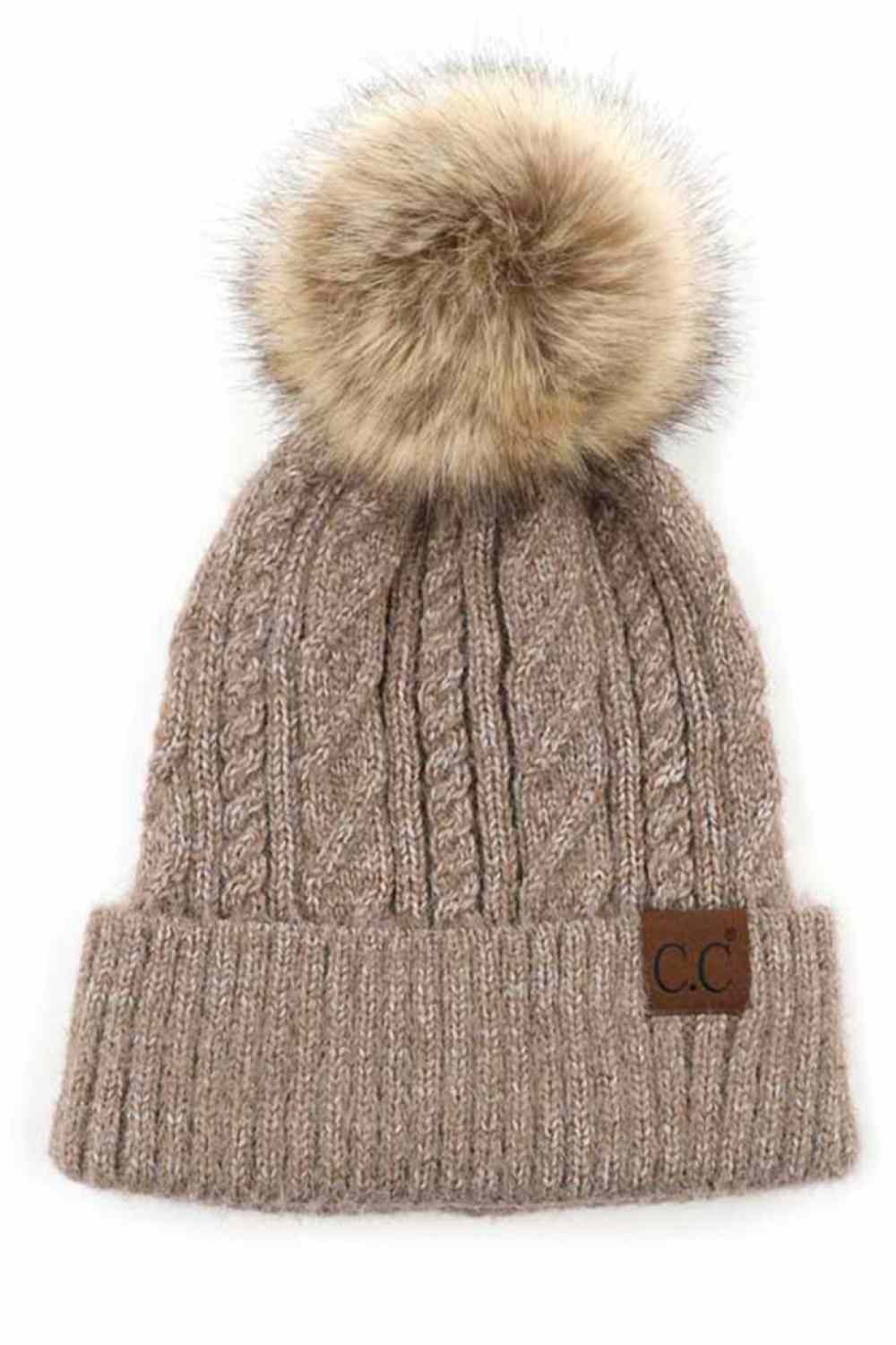 C.C Soft cuff Beanie in Mixed Cable Pattern with Faux Fur Pom