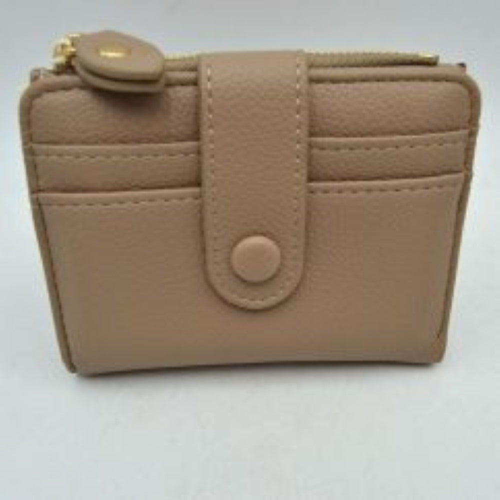 Pebbled Card Holder Wallet with Snap Button Strap and Zipper Pocket