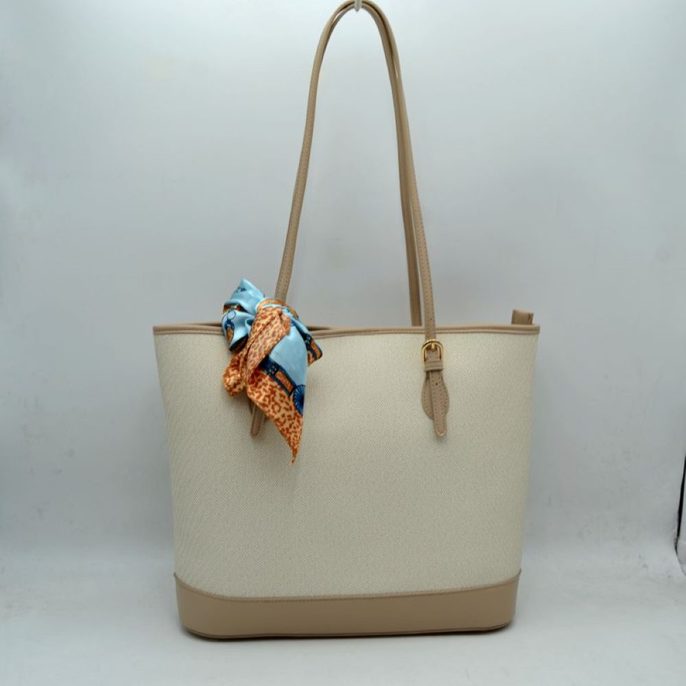 Elegant Textured Shoulder Tote Bag with Silk-Style Scarf Accent