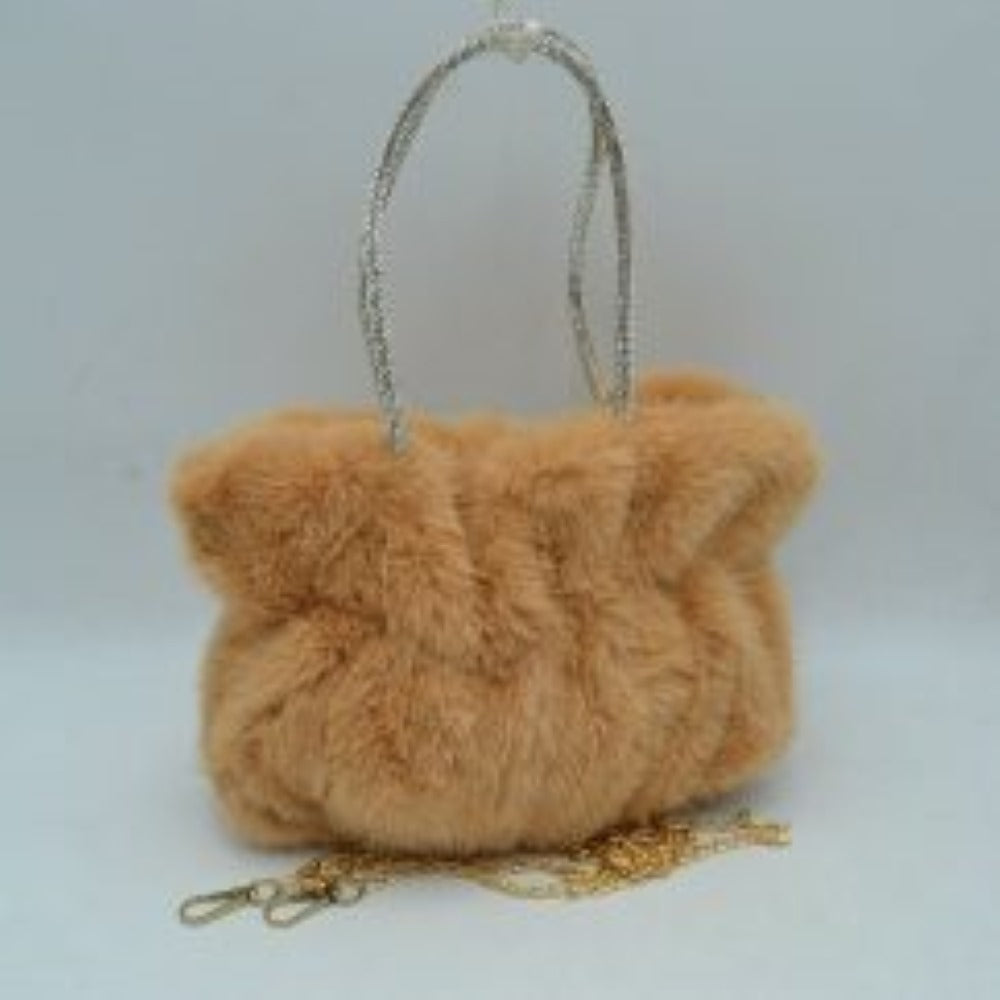 Plush Faux Fur Handbag with Rhinestone Handles and Chain Strap