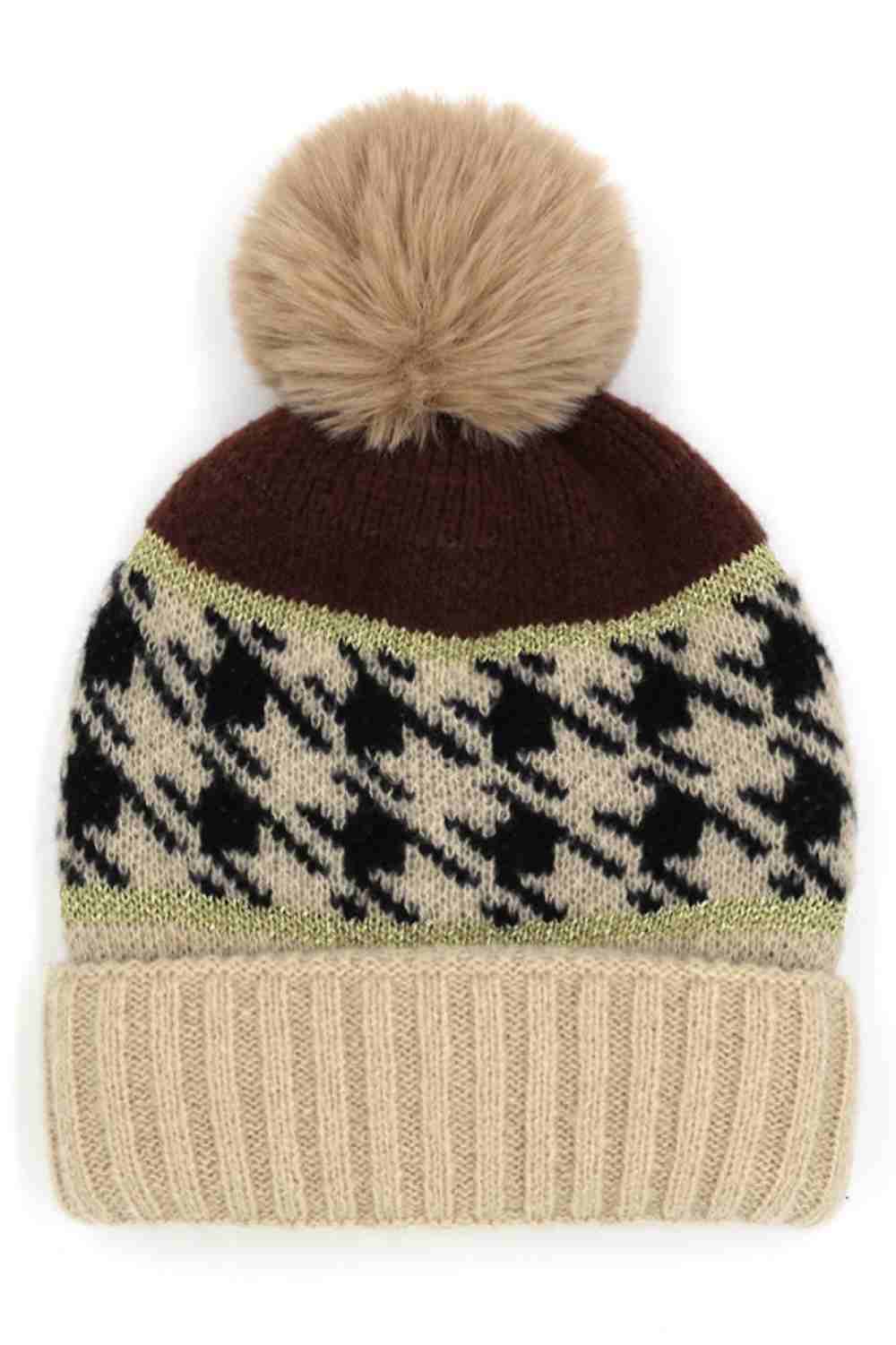 Houndstooth PomPom Beanie