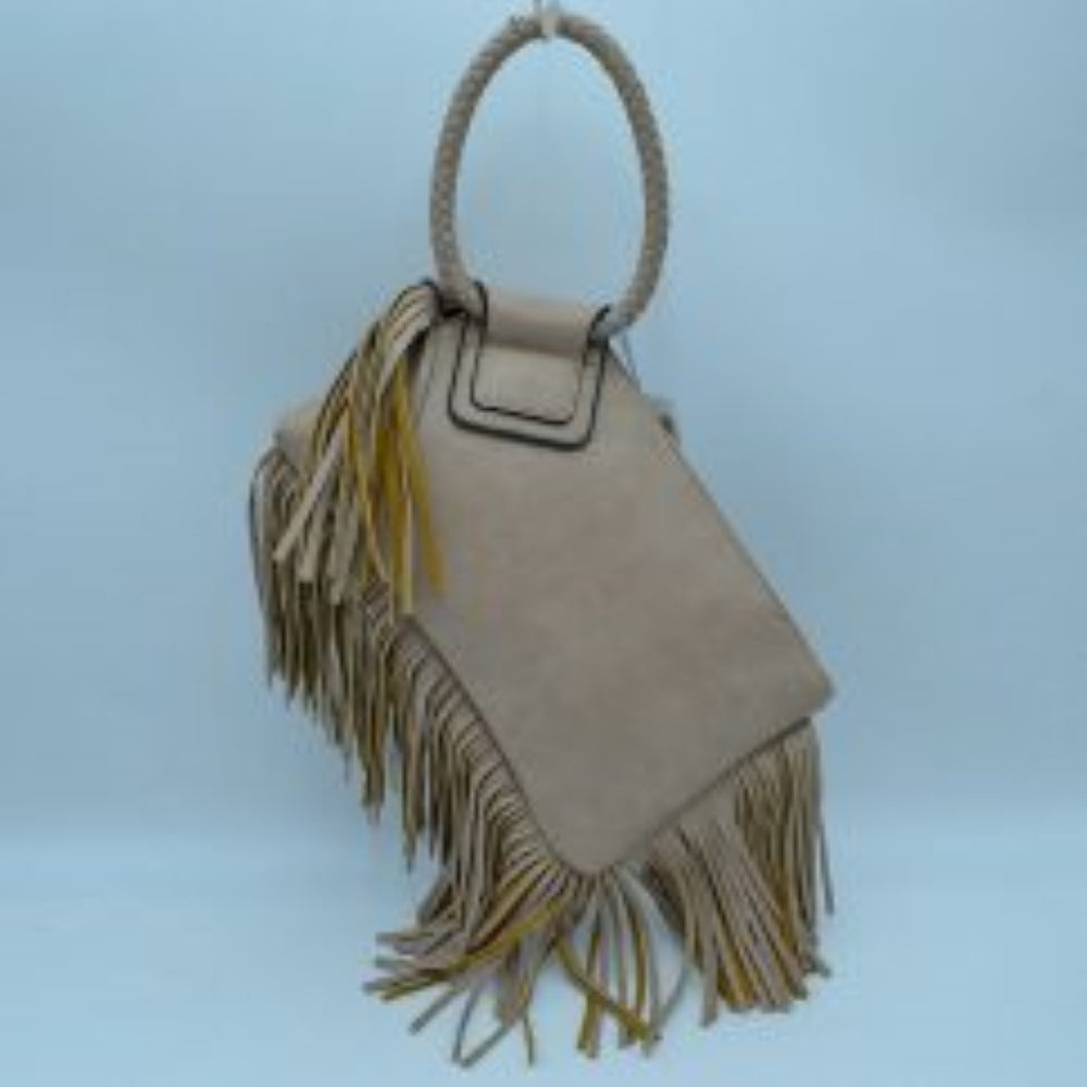 Fringe Accent Clutch Bag with Braided Circular Top Handle