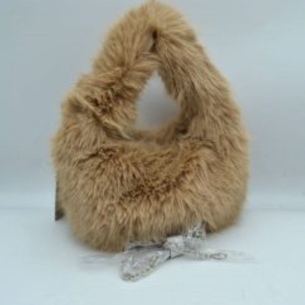 Fluffy Plush Handbag with Integrated Top Handle and Chain Strap