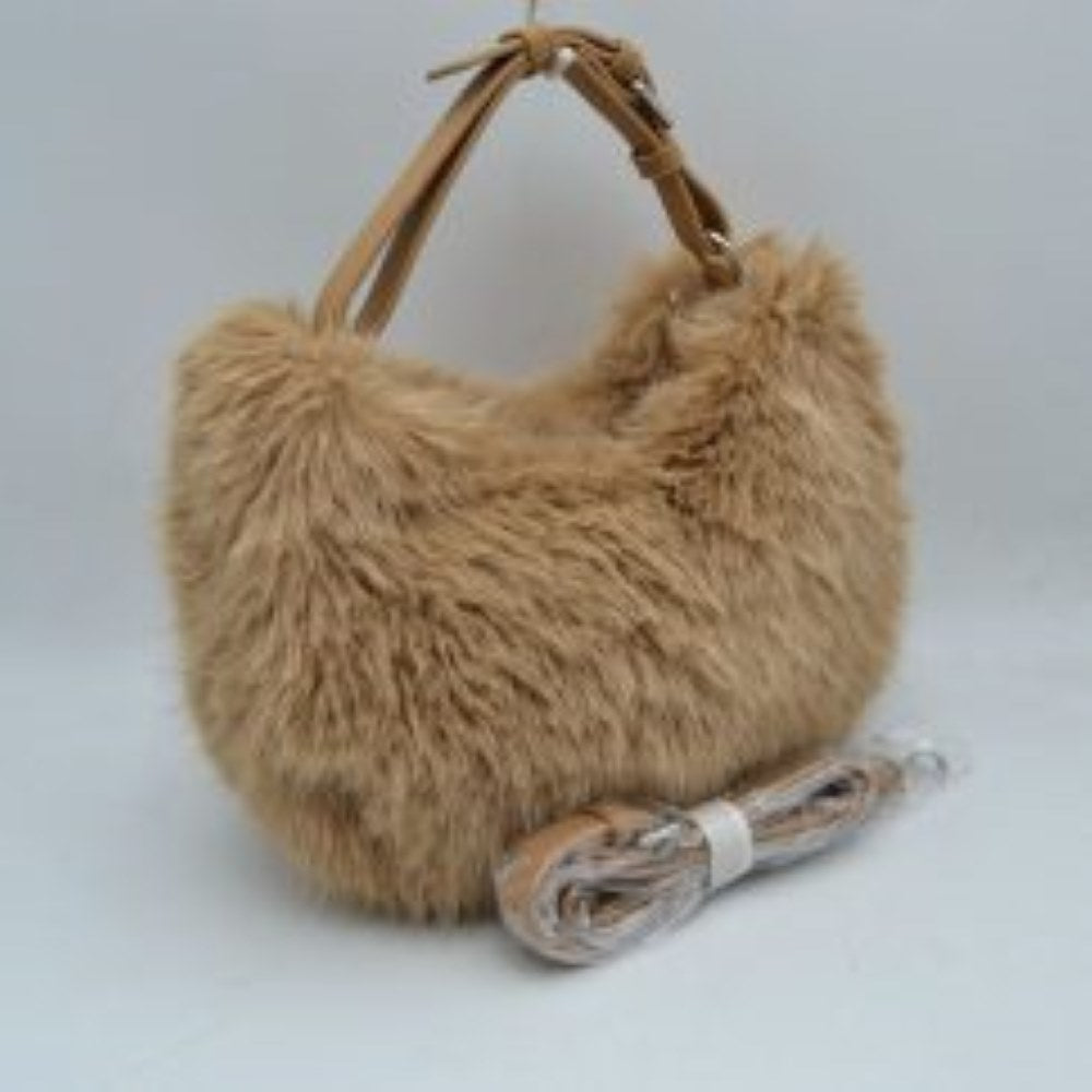 Plush Faux Fur Hobo Handbag with Adjustable Top Handle and Strap