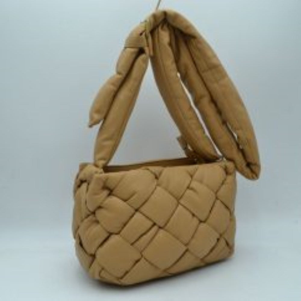 Woven Puffy Shoulder Bag with Knotted Padded Strap
