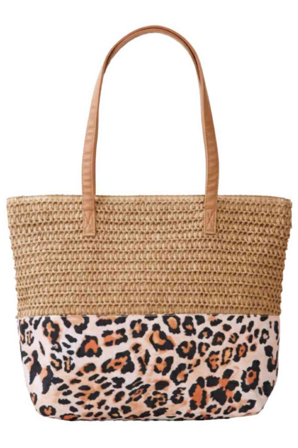 Leopard Pattern Fabric Print with Straw Tote Bag