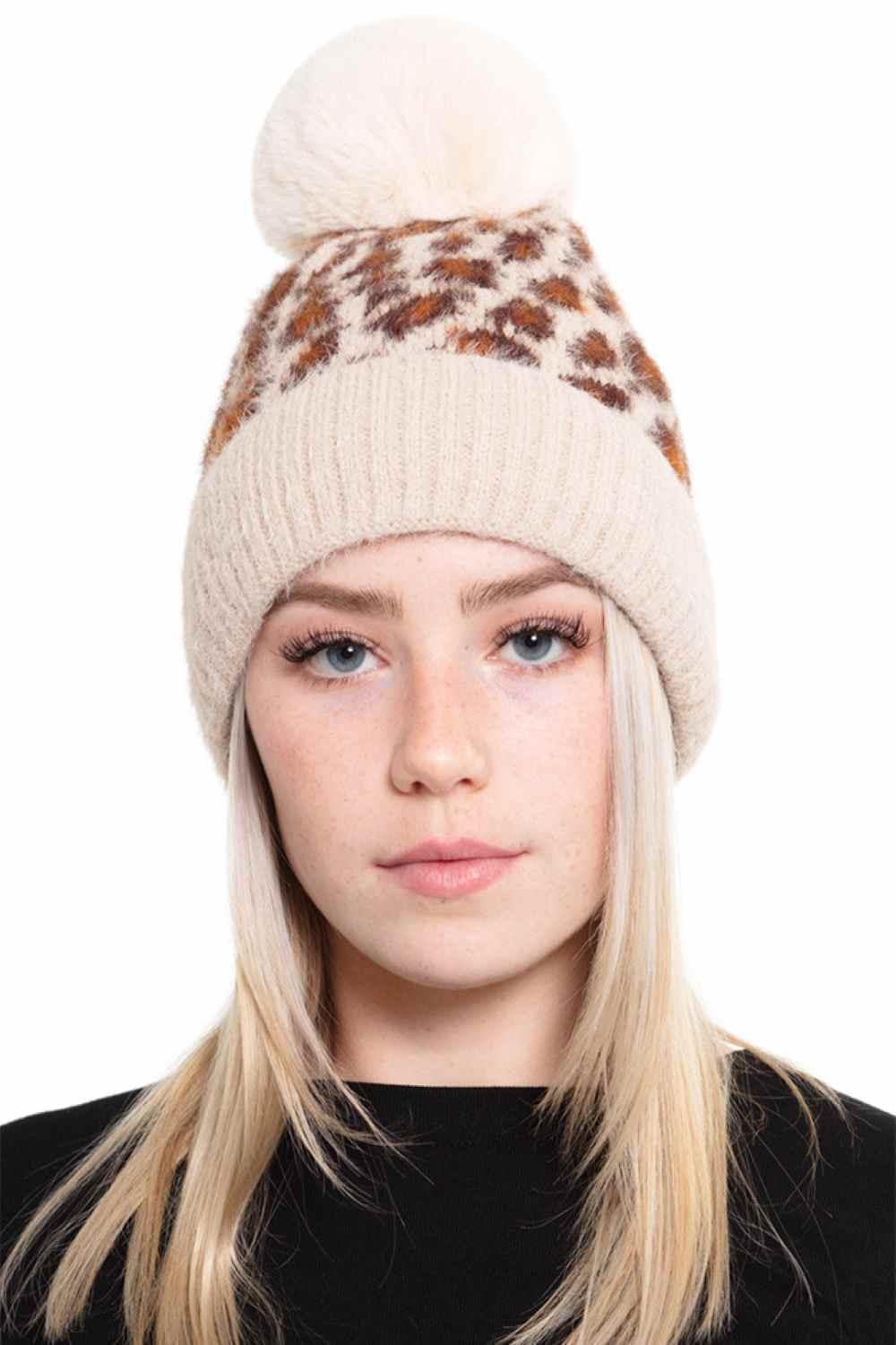 Leopard Pom Fleece Beanie