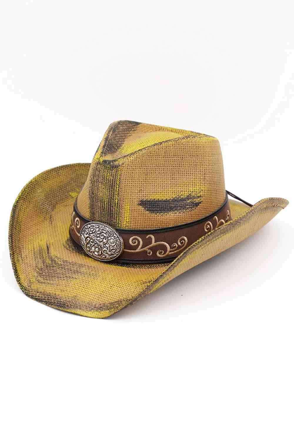 Ornate Oval Buckle Faux Leather Band Antique Wash Cowboy Hat