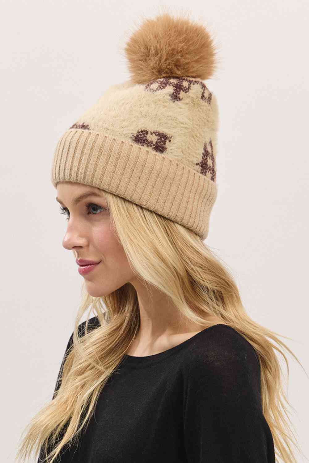 Plaid Pattern Fur Mixed Fleeced Pom Beanie Hat