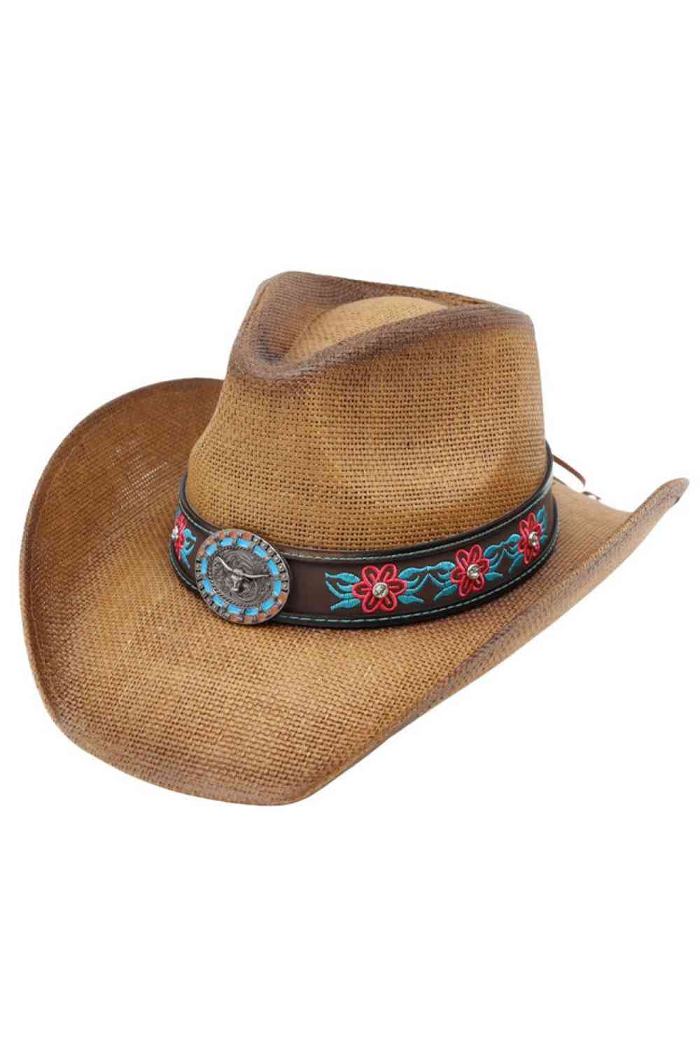 Rhinestone Flower Embroidered with Longhorn Cowboy Hat