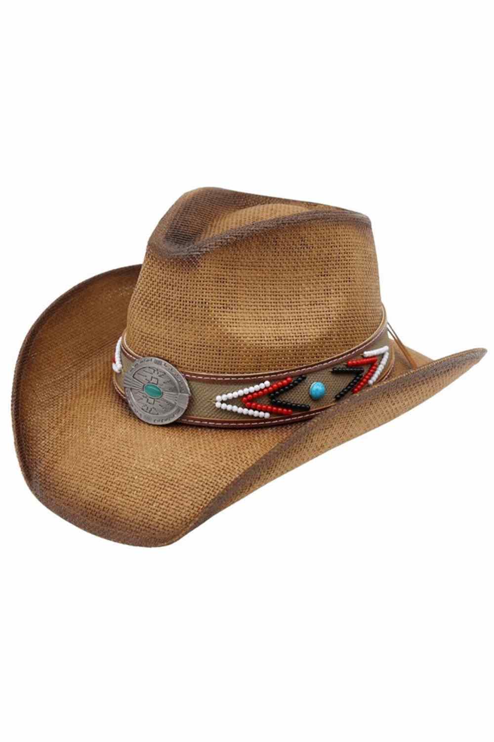 Turquoise Concho Beaded Band Vintage Western Straw CowboyHat