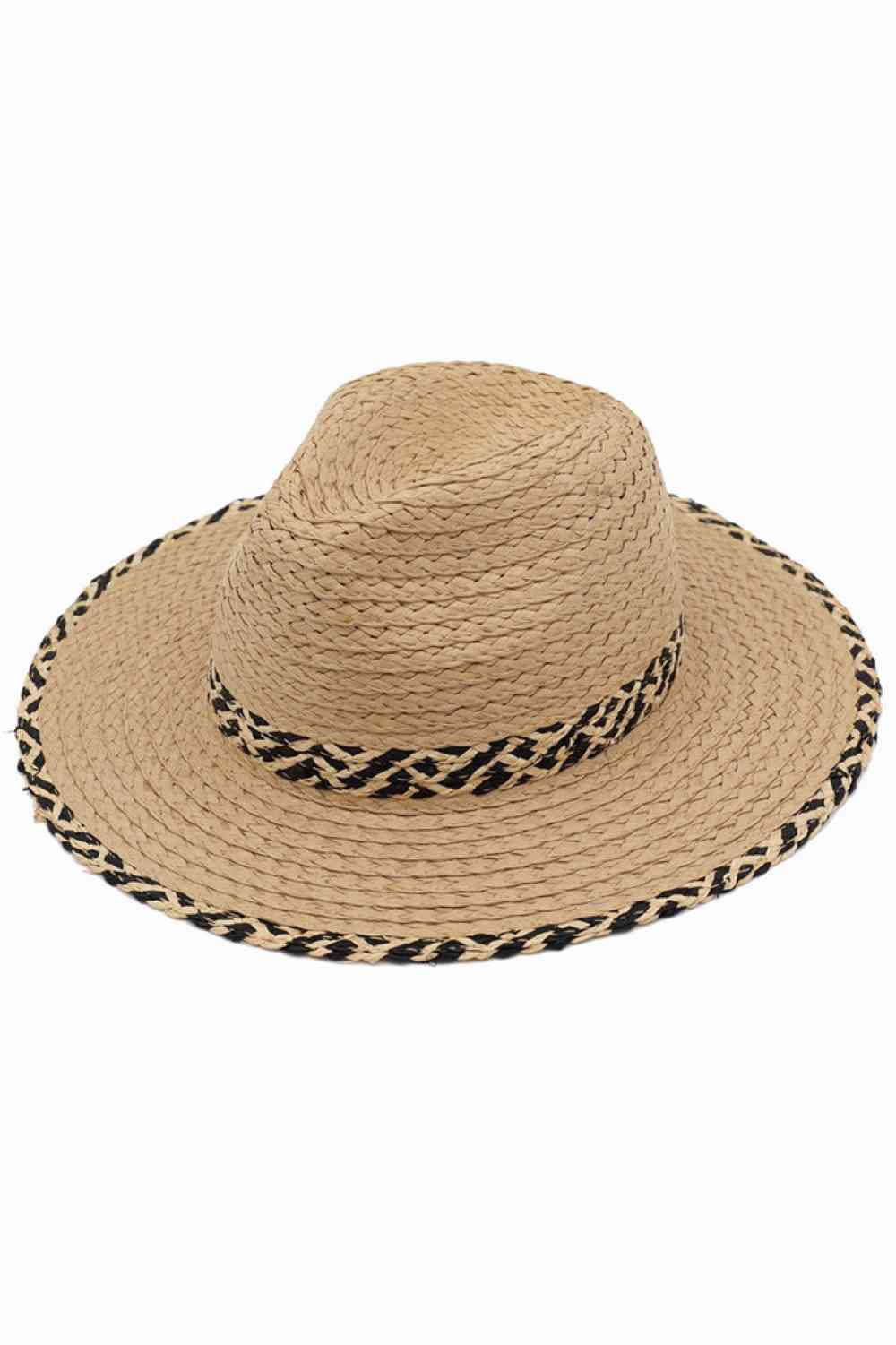 Two Tones Geometric Band with Brim Trim Straw Fedora Sun Hat