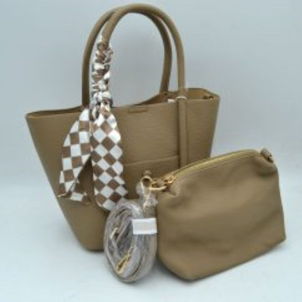 Classic Pebbled Tote Bag with Front Pocket and Checkered Scarf Accent