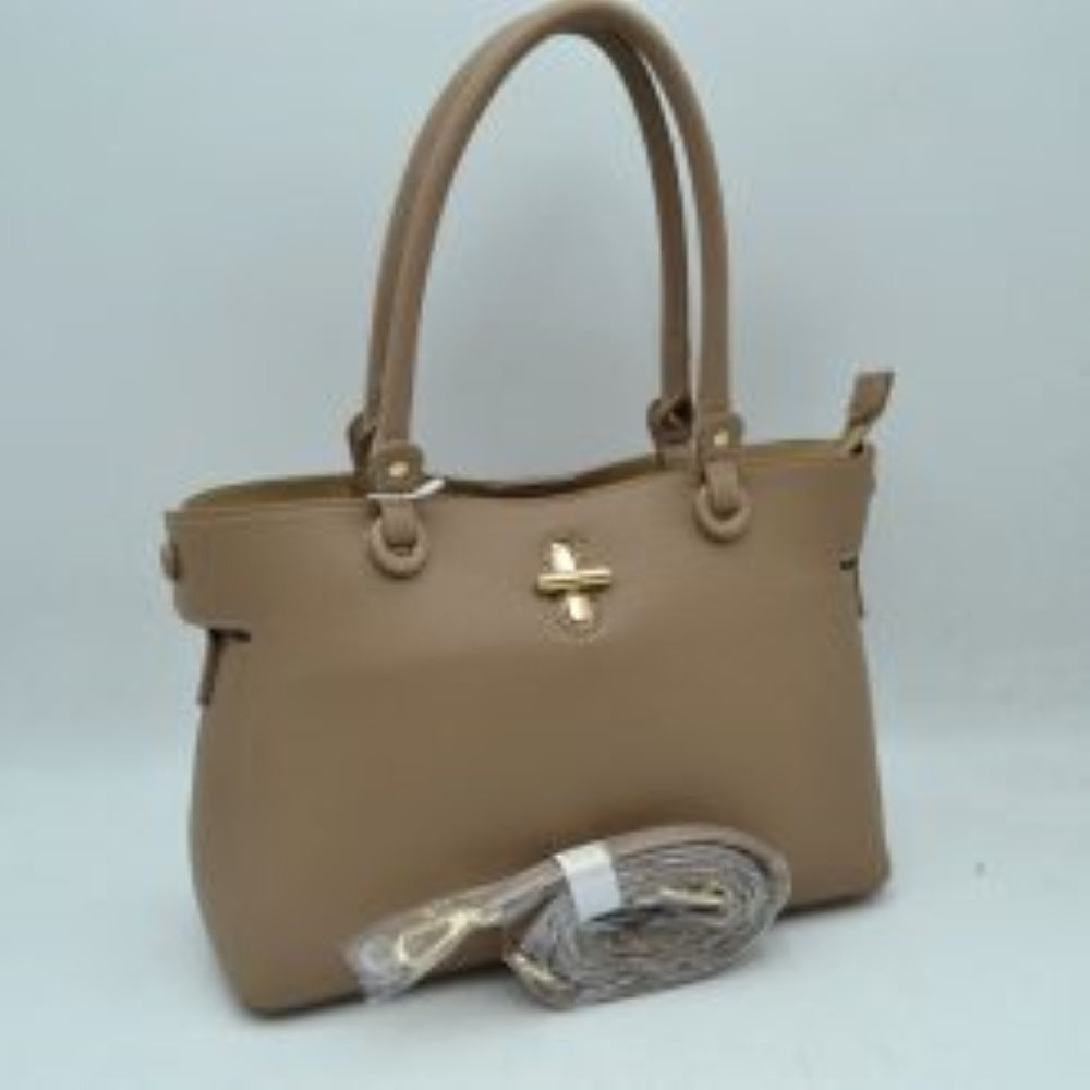 Textured Top Handle Handbag with Metallic Turn-Lock Accent