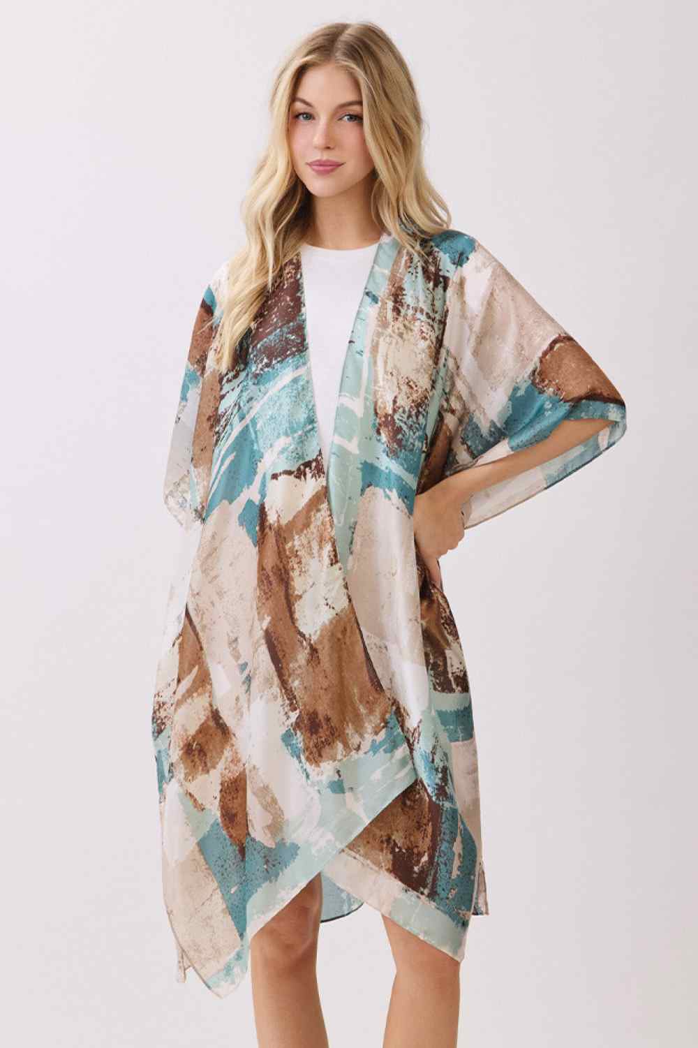 Abstract Modern Art-Inspired Print Silky Feel Kimono