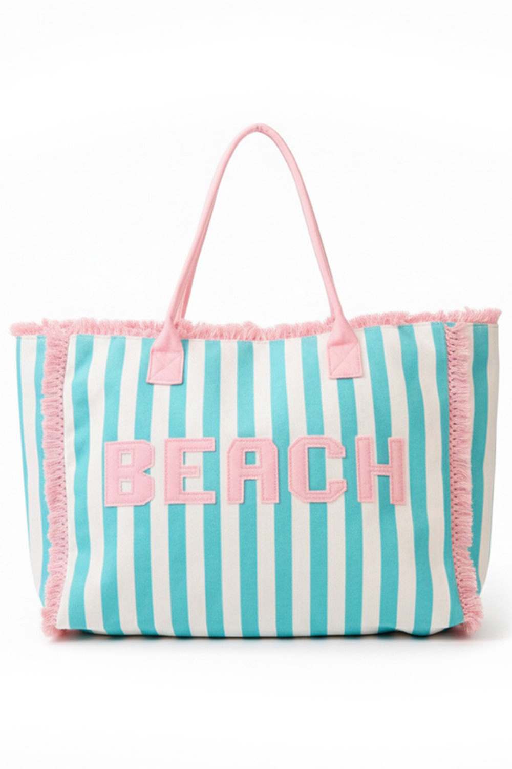 BEACH Letter with Striped Pattern and Frayed Summer Tote Bag