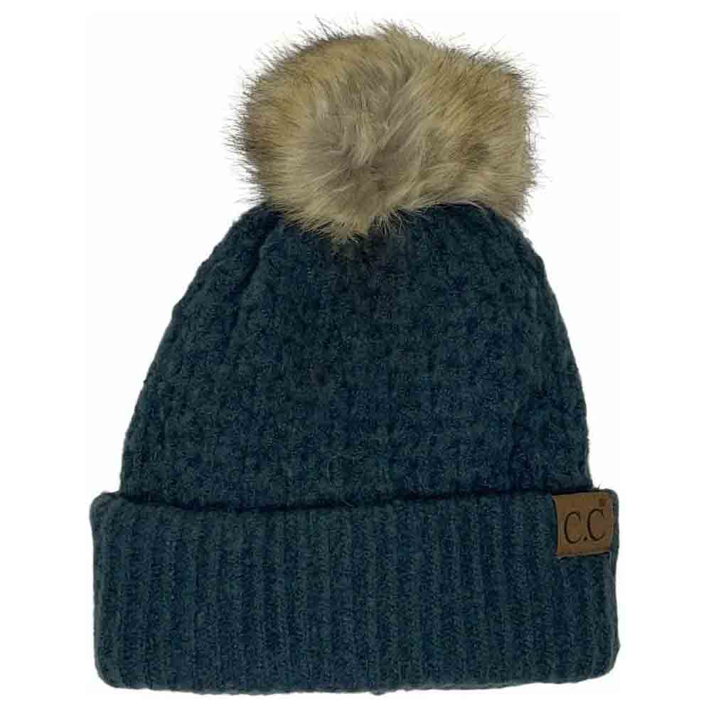 Solid Smocked Stitch Fur Pom C.C Beanie
