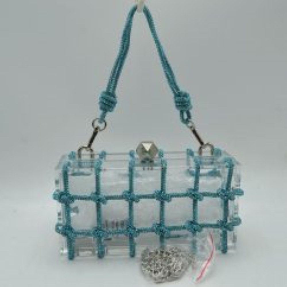 Box Clutch Bag with Cage Overlay and Cord Top Handle