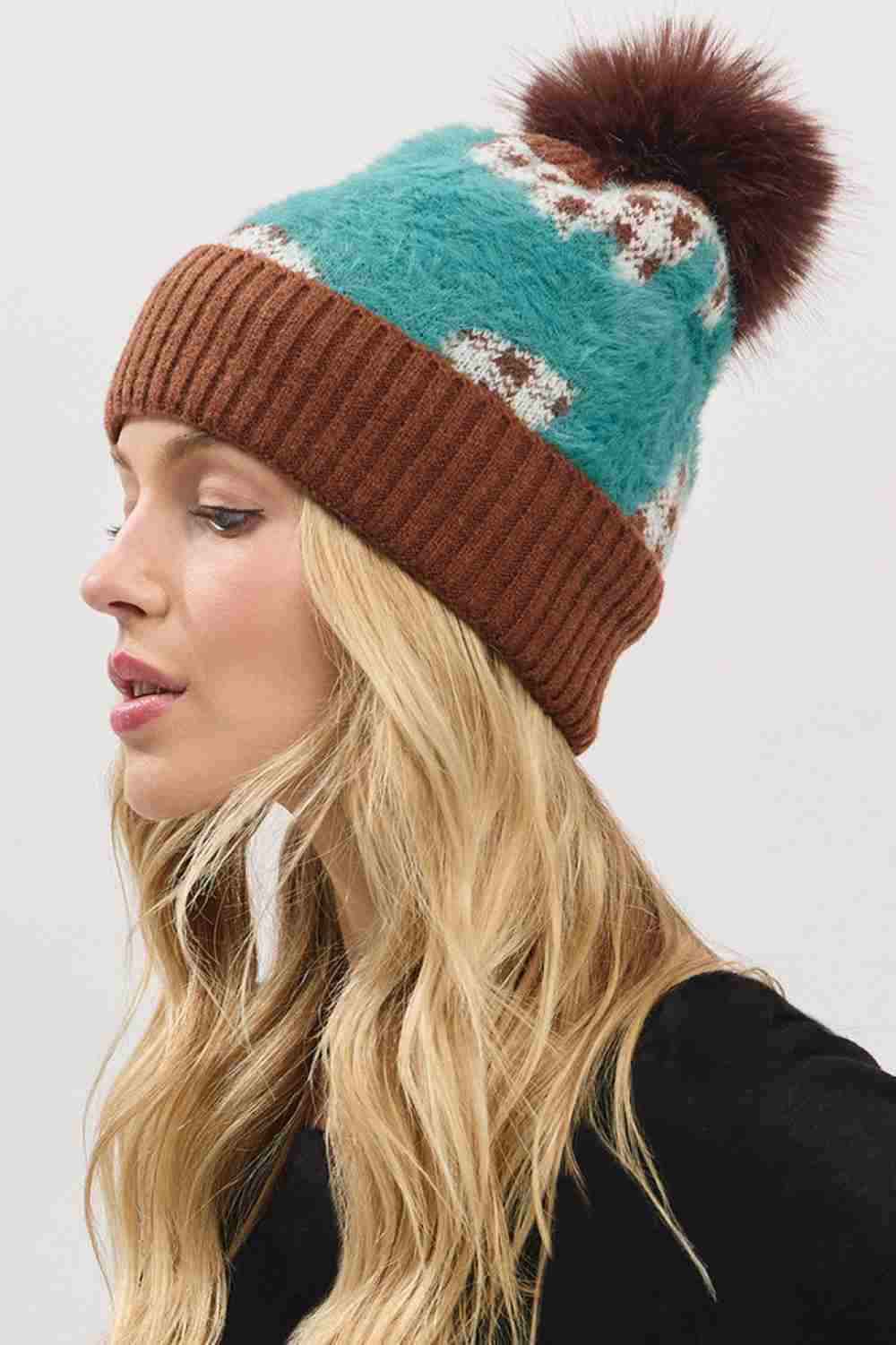 Plaid Pattern Fur Mixed Fleeced Pom Beanie Hat