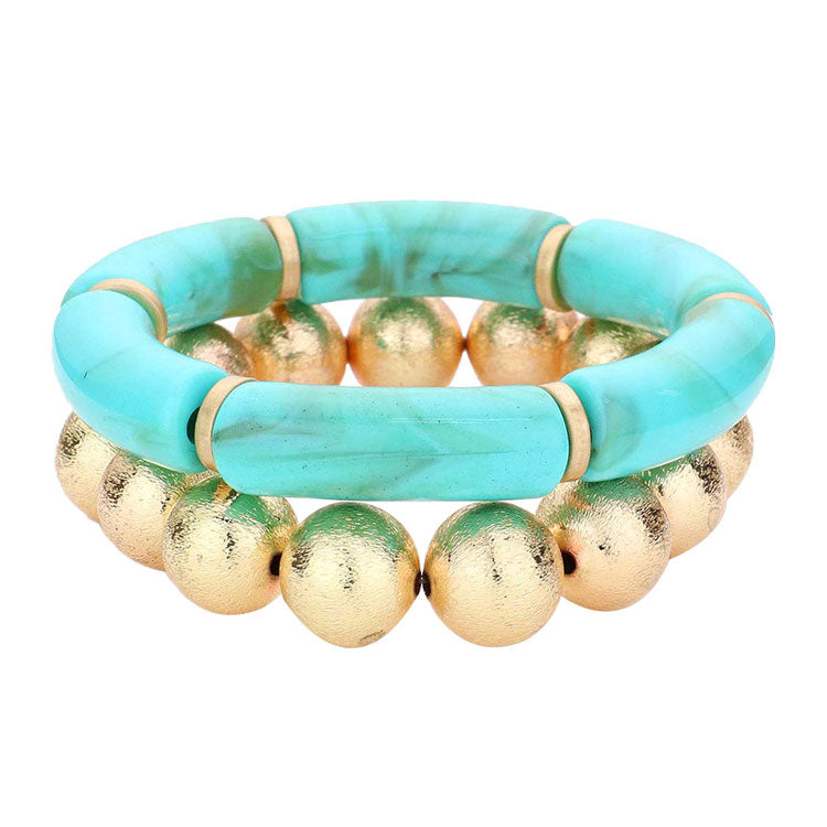2PCS Resin Metal Ball Stretch Bracelets
