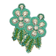 Felt Back Sequin Stone Seed Beaded Flower Leaf Earrings