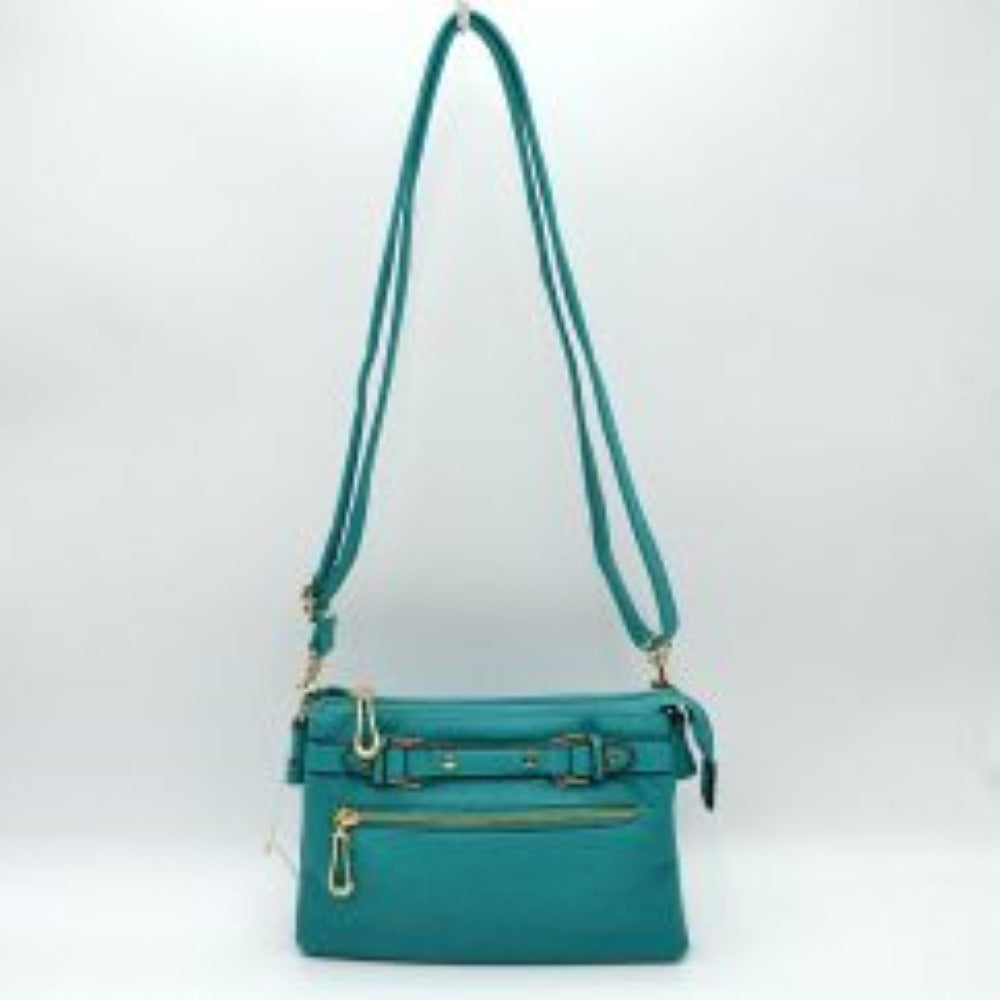Multi-Zipper Crossbody Bag with Adjustable Strap and Gold Hardware